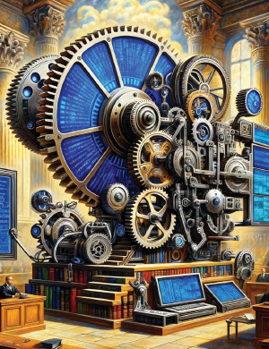 Ai-generated image of machinery in a law-themed room