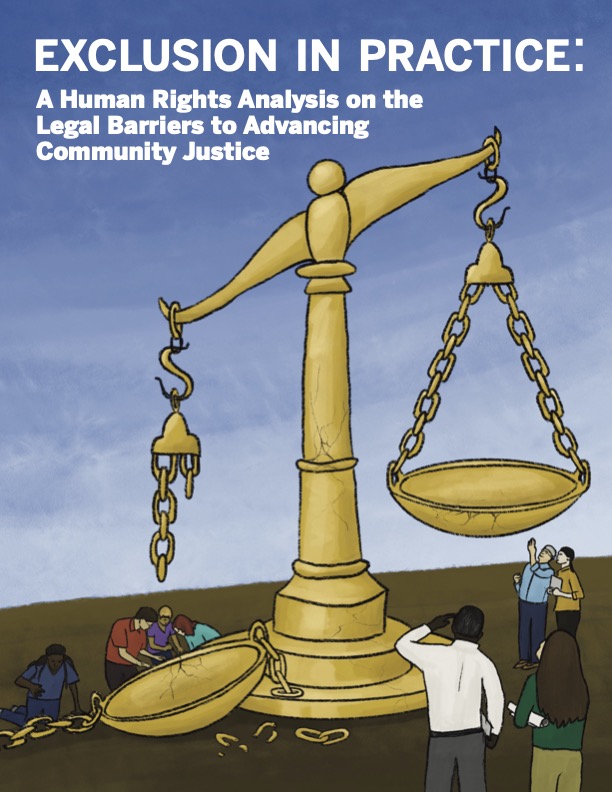 graphic of unbalanced scale of justice with community members picking up pieces