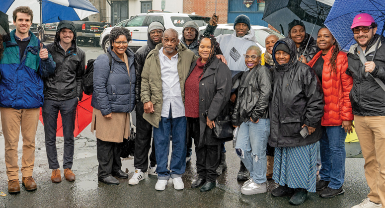 Clinic students, Alexis Karteron (third from left), and Paul Williams Jr.’s family and friends greeted Williams (center) on the morning of his release.