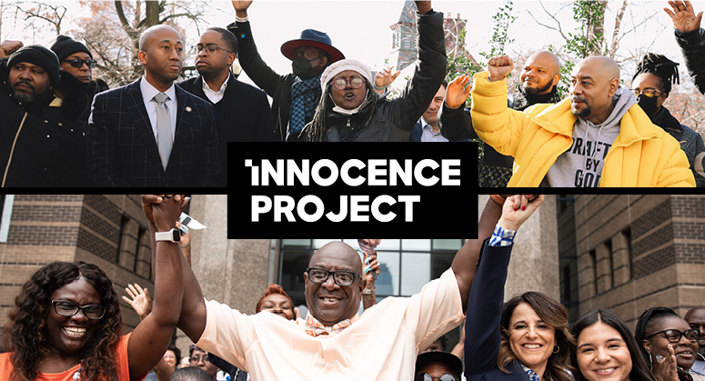 Text "Innocence Project" over 2 photos of celebrations outside courtrooms