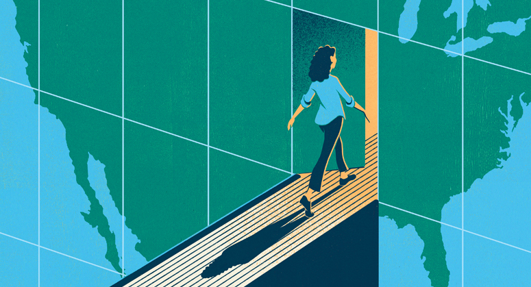 Illustration of woman walking through a doorway into a map