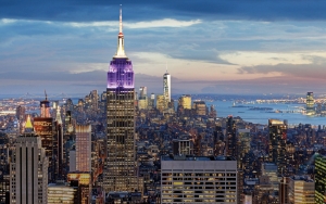 New York skyline with purple Empire State Building