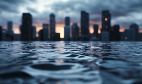 Bryce Rudyk ideas story art of waters rising next to a cityscape