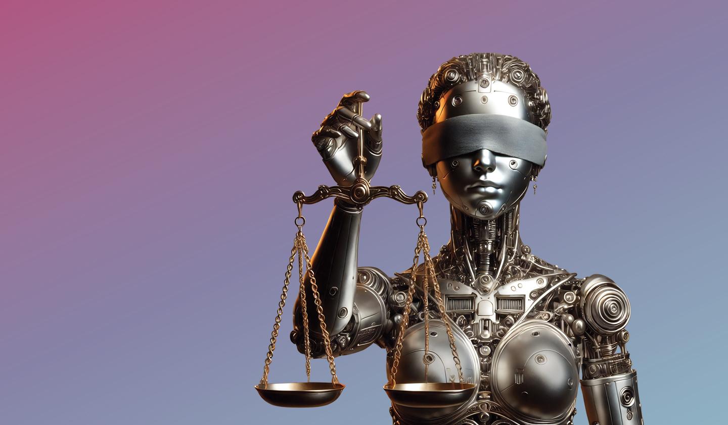 AI-generated image of a robotic lady justice 