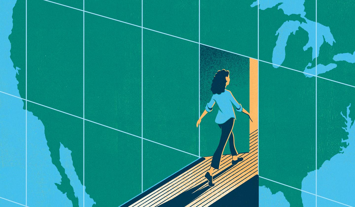 Illustration of a female figure walking through a doorway where the wall is a map of North America