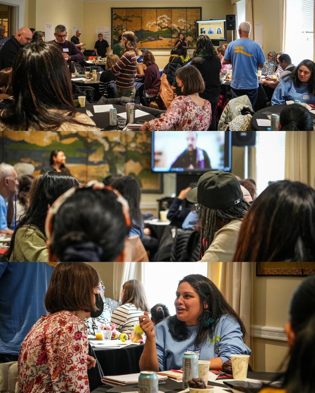 Image shows participants of Worker Solidarity Brunch engaging with each other