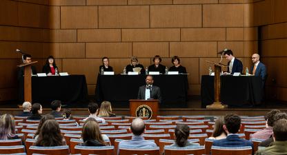 Troy McKenzie at lectern during Marden Moot Court final argument